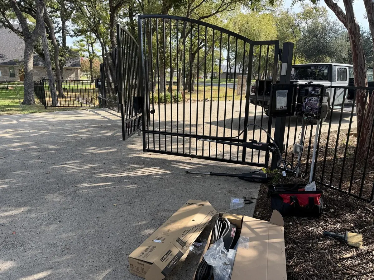 Double swing gate and installation work area.